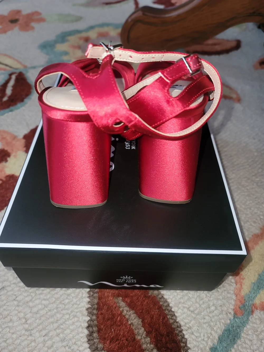 Nina Red Satin Platform Sandals with Ankle Strap